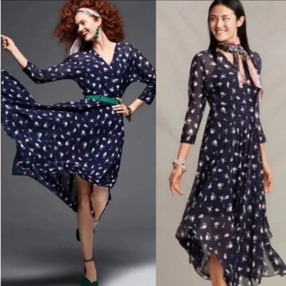 CAbi Dream Midi Dress, Sheer w/Adjustable Slip, Navy & White Floral sz 6